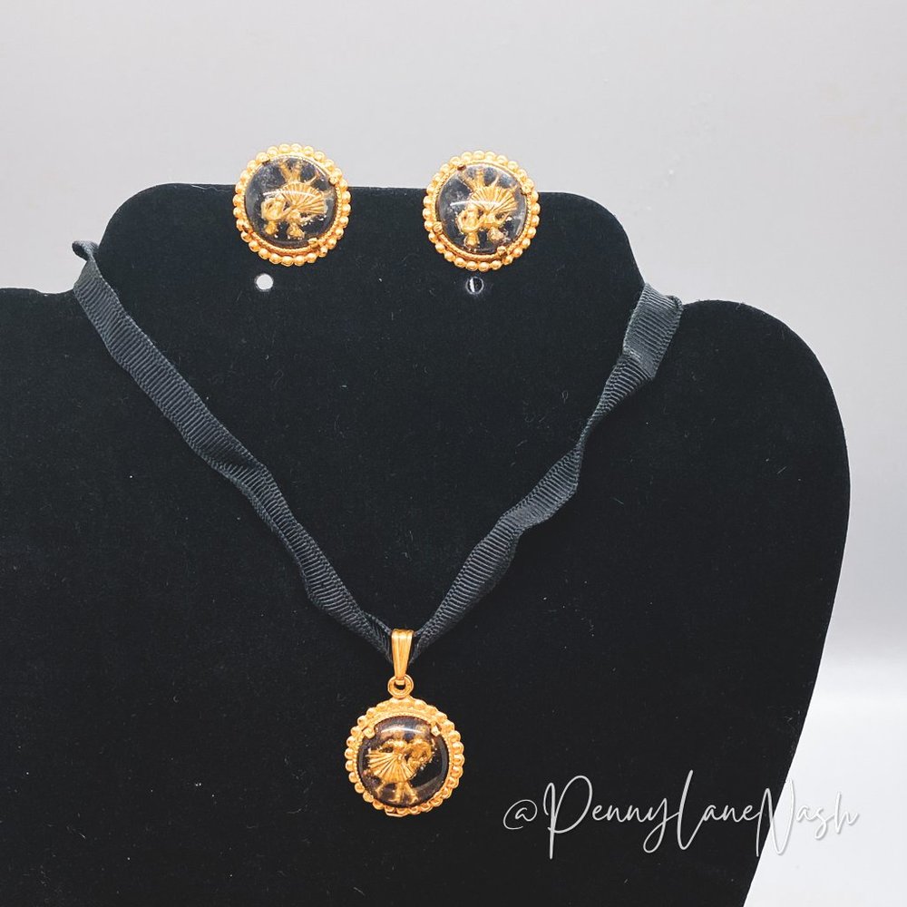 Vintage Black Ribbon Dancing Couple Pendant Necklace & Clip On Earrings